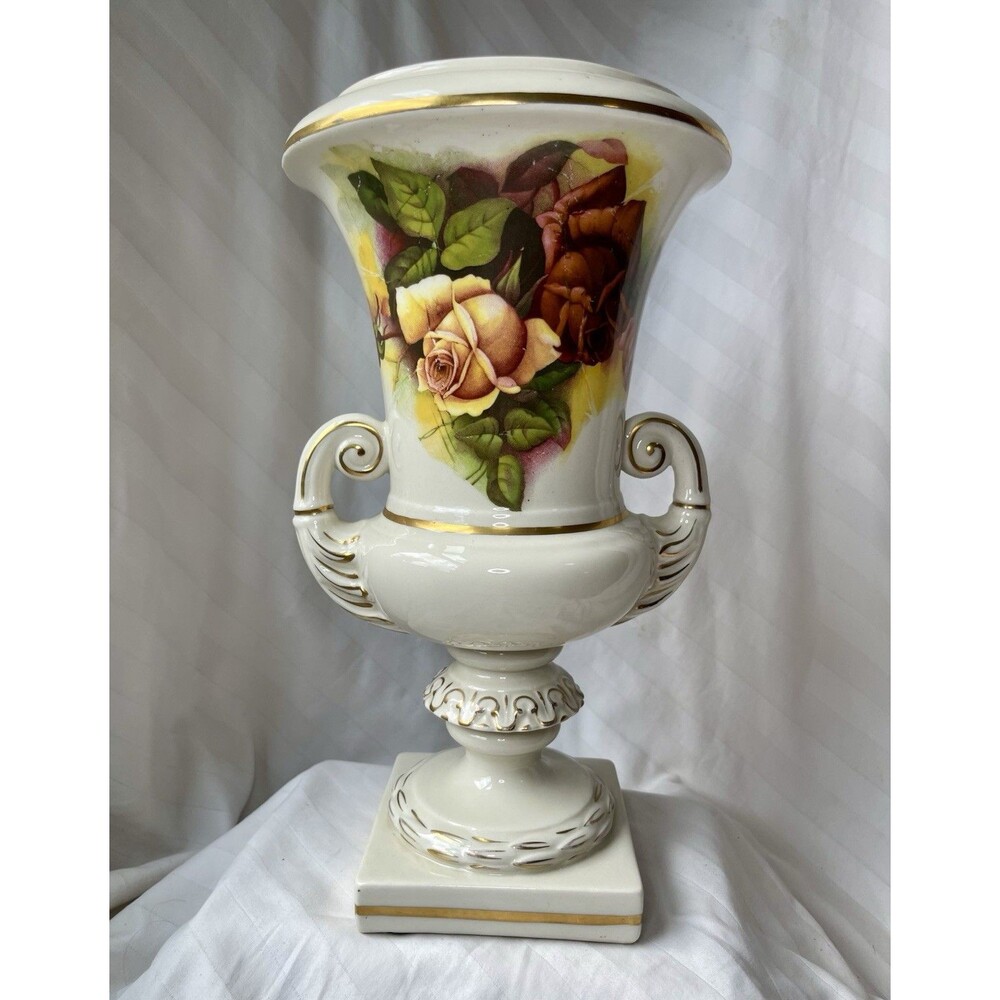 Vintage Cream Ceramic Rose Floral Handled Vase/Urn, Gold Trim, 13 in